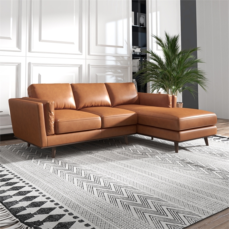 Pemberly Row Mid-Century Genuine Leather Right Facing Sectional Sofa in Tan