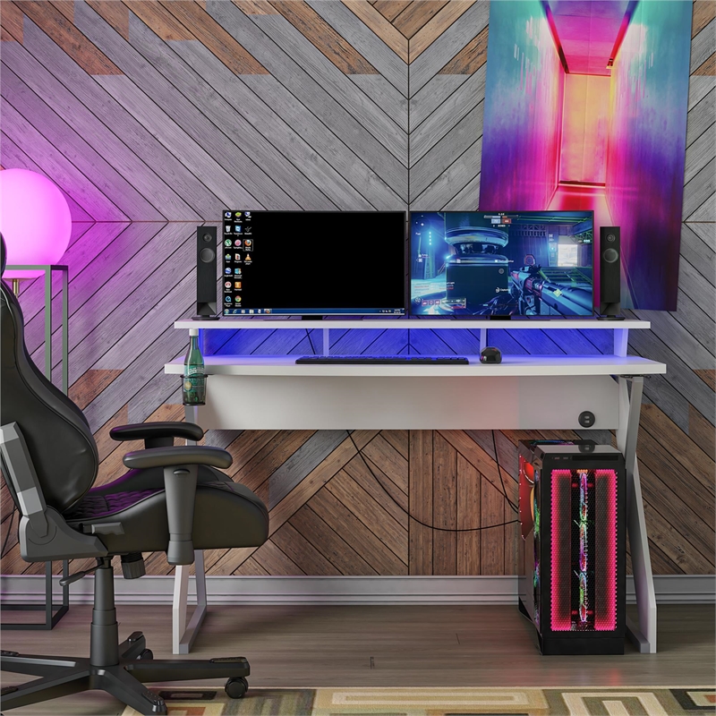 Pemberly Row Modern Gaming Desk with Riser in White