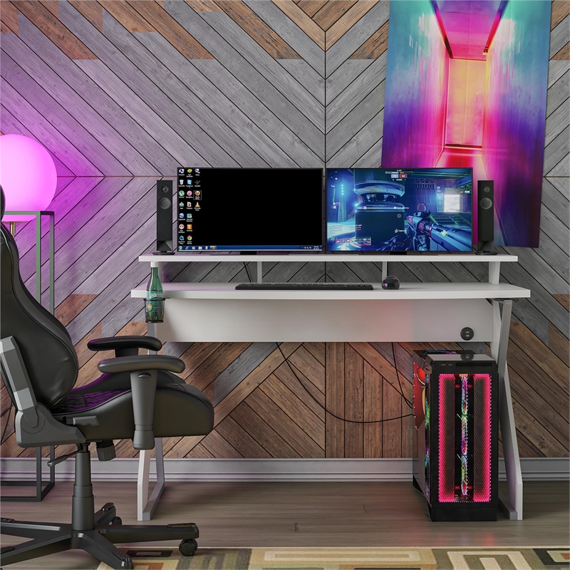 Pemberly Row Modern Gaming Desk with Riser in White