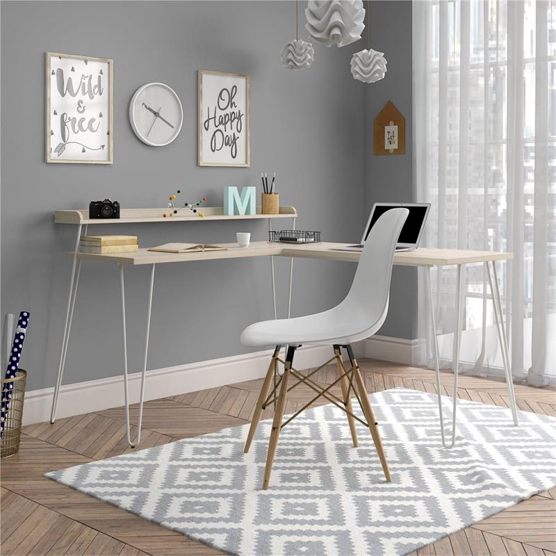 Pemberly Row Modern Wood/Metal L Desk with Riser in Light Brown