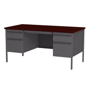 Pemberly Row Double Pedestal Metal Desk Charcoal/Mahogany