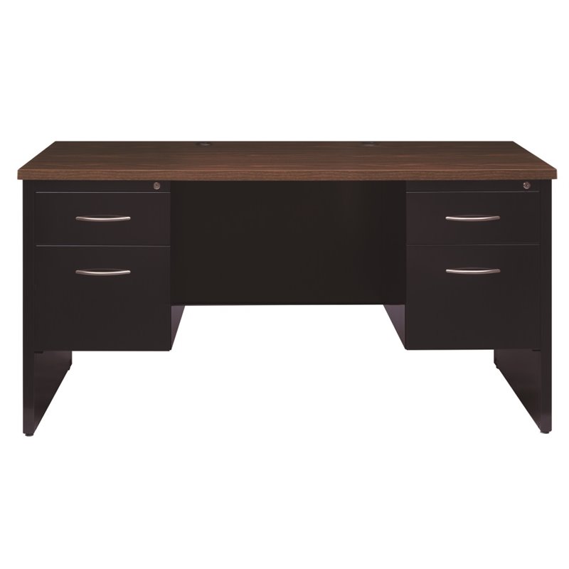 Pemberly Row Double Pedestal Metal Desk Arch Pull Handles Black/Walnut