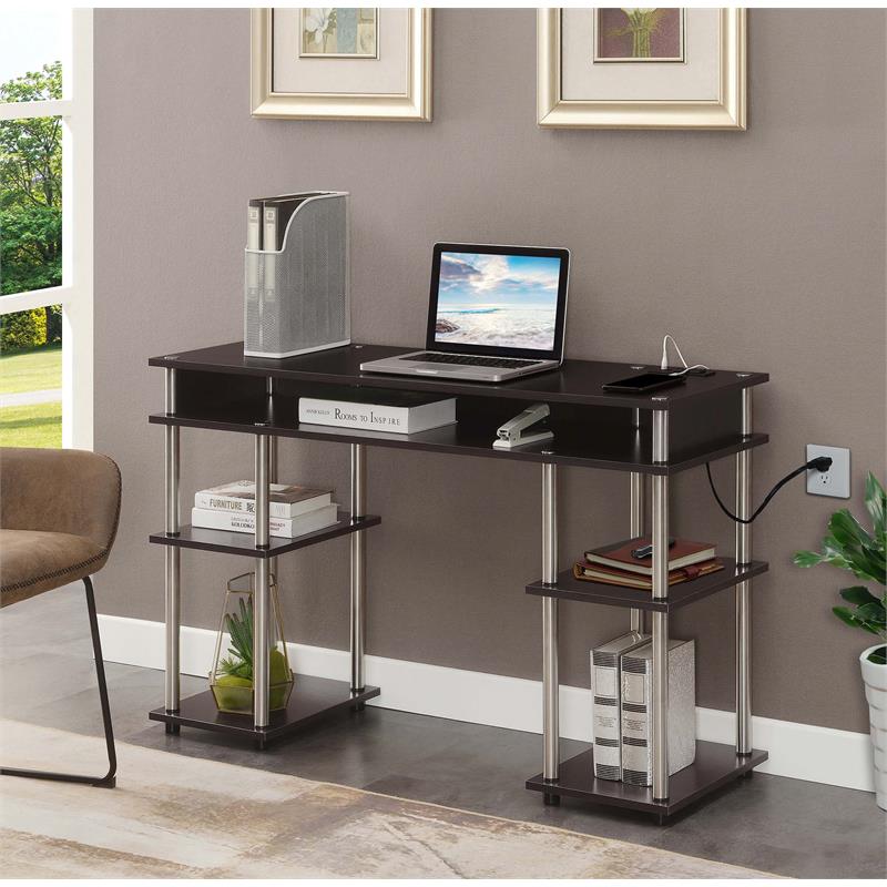 Pemberly Row Student Desk with Charging Station in Espresso Wood Finish