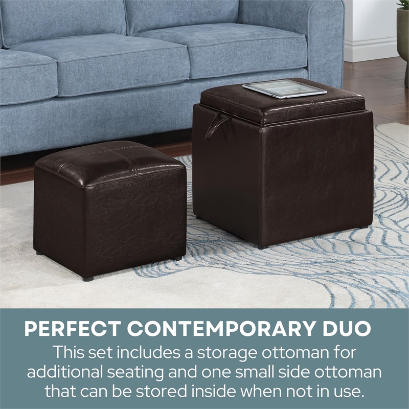 Pemberly Row Transitional Single Cube Ottoman in Espresso Faux Leather