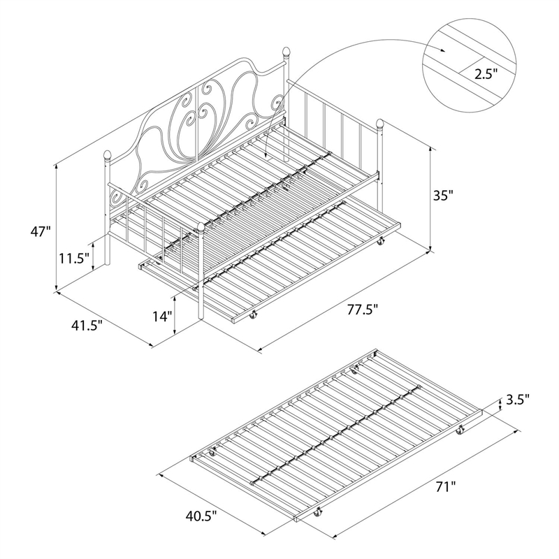Pemberly Row Metal Daybed and Trundle in Twin over Twin in White