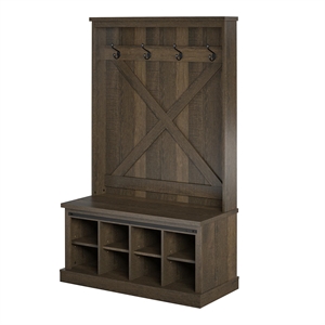 Pemberly Row Modern Entryway Bench with Hall Tree in Brown Oak