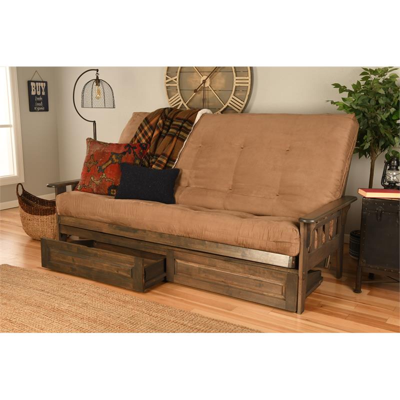 Pemberly Row Queen Futon with Suede Fabric Mattress in Tan and Walnut