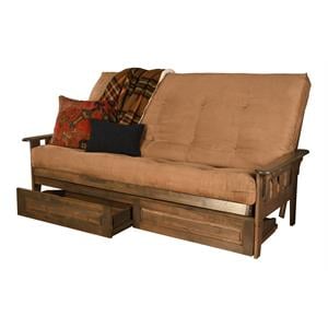 Pemberly Row Queen Futon with Suede Fabric Mattress in Tan and Walnut