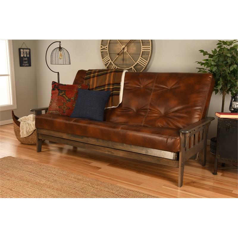 Pemberley Row Faux Leather Saddle Brown Queen Futon Rectangular Converts to Bed 87