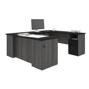 Pemberly Row Traditional U Shaped Computer Desk in Black and Bark Gray