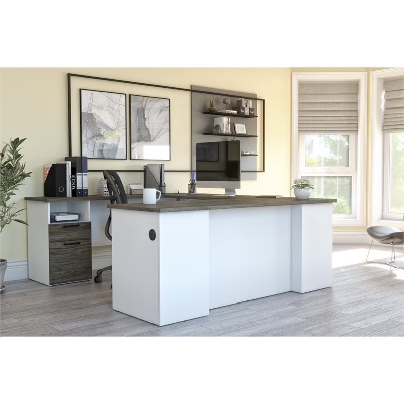 Pemberly Row Modern Wood U Shaped Computer Desk in Walnut Gray/White