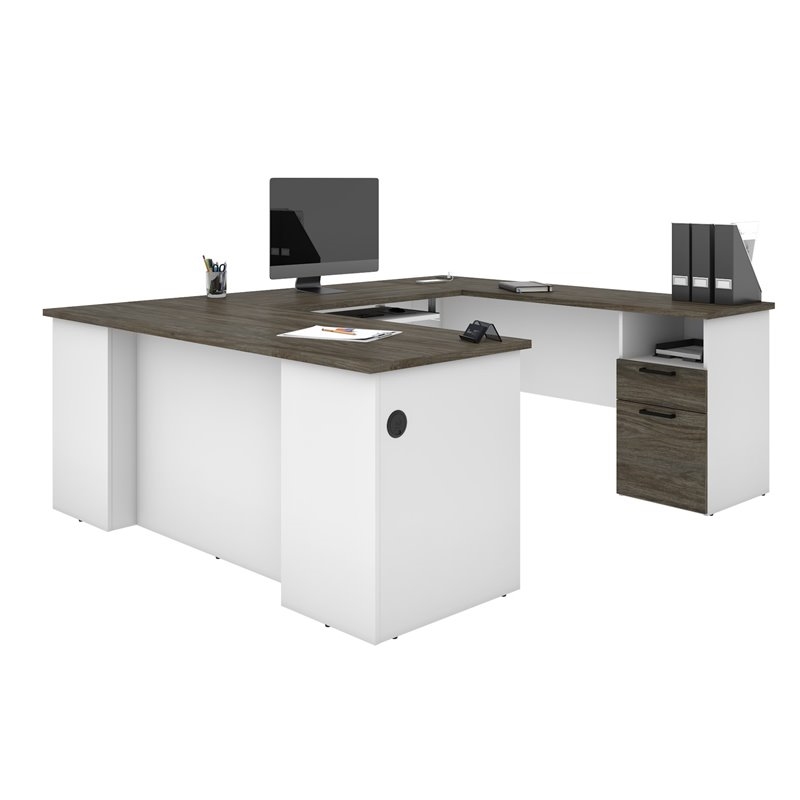 Pemberly Row Modern Wood U Shaped Computer Desk in Walnut Gray/White