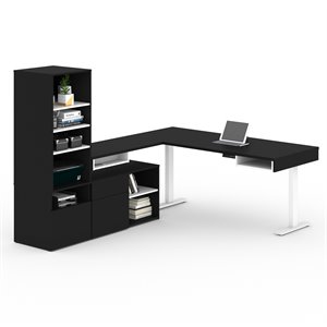 Pemberly Row 72&quot L-Shaped Standing Desk with Bookcase in Black