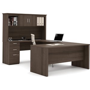 Pemberly Row 66&quot U-Shaped Desk with Hutch File and Bookcase in Antigua