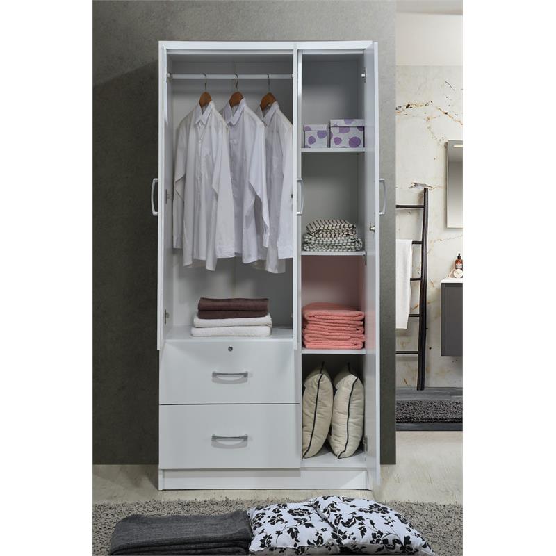 Pemberly Row 3 Door Armoire with 2 Drawers 3 Shelves in White Wood