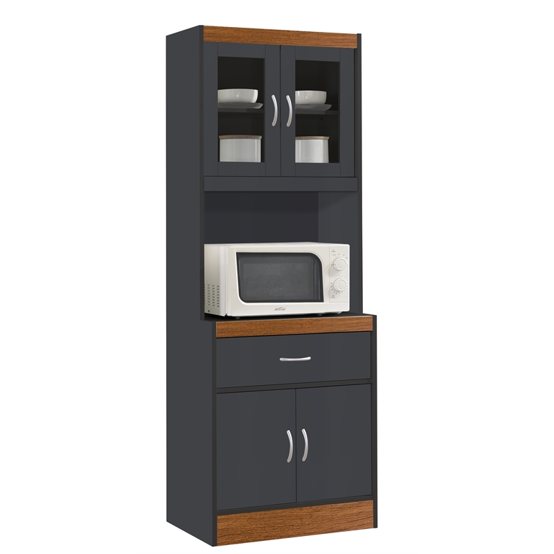 Pemberly Row Kitchen Cabinet 1 Drawer and Space for Microwave in Gray-Oak Wood