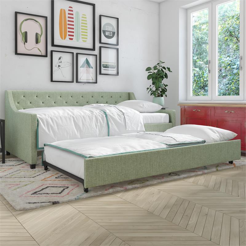 Pemberly Row Mid-Century Fabric Daybed and Trundle in Light Green/Brown