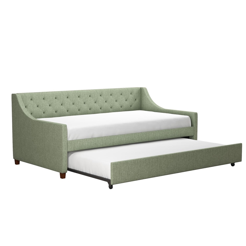 Pemberly Row Mid-Century Fabric Daybed and Trundle in Light Green/Brown