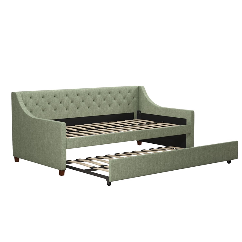 Pemberly Row Mid-Century Fabric Daybed and Trundle in Light Green/Brown