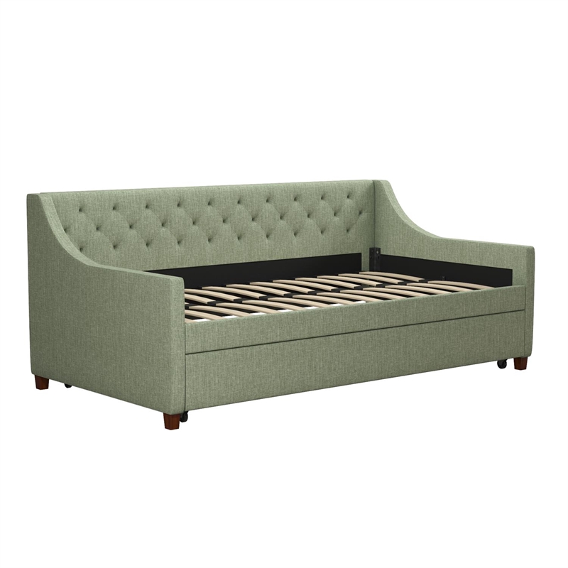 Pemberly Row Mid-Century Fabric Daybed and Trundle in Light Green/Brown