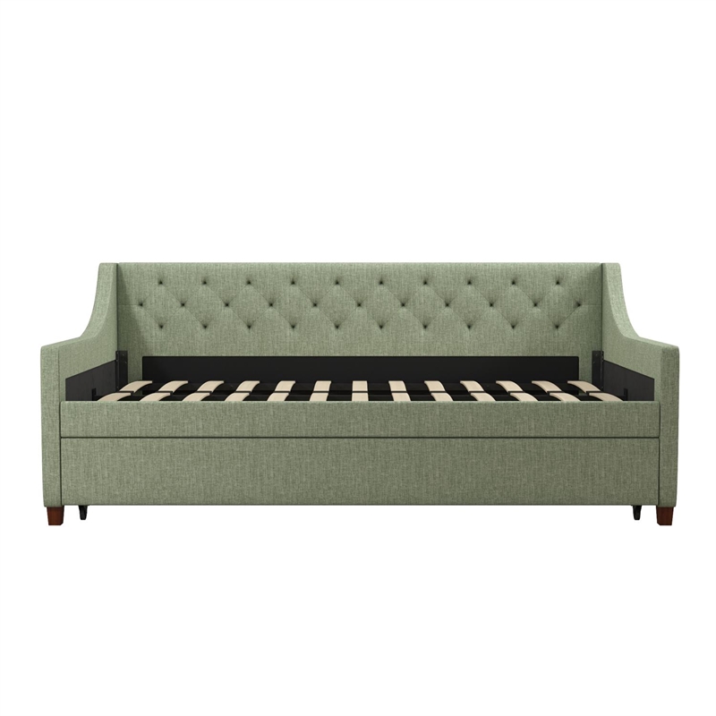 Pemberly Row Mid-Century Fabric Daybed and Trundle in Light Green/Brown