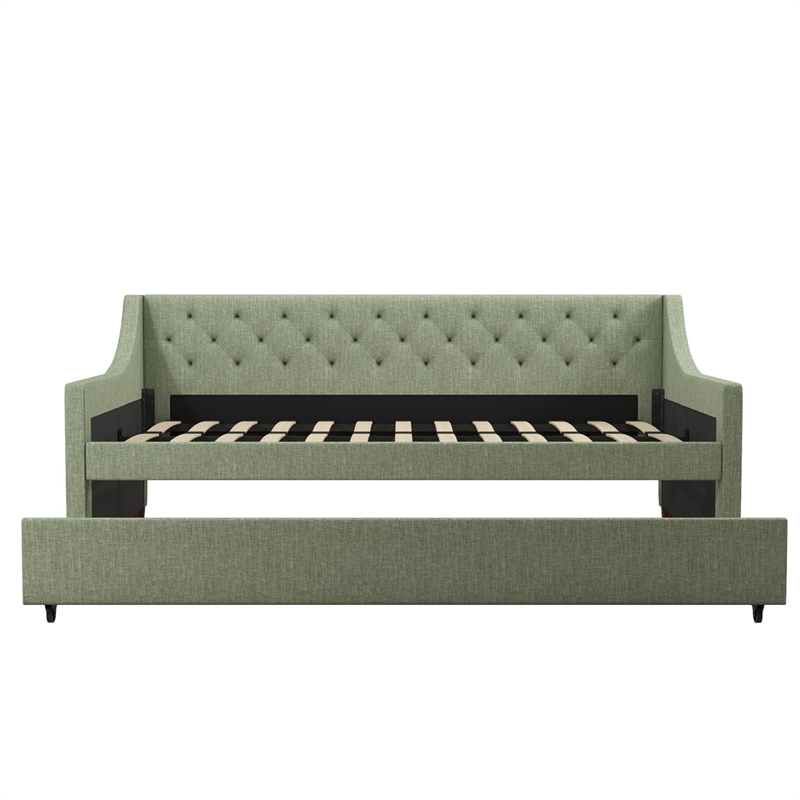 Pemberly Row Mid-Century Fabric Daybed and Trundle in Light Green/Brown