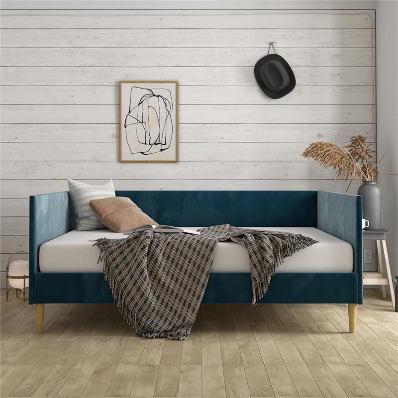 Pemberly Row Mid-Century Velvet Upholstered Daybed Full Size in Blue