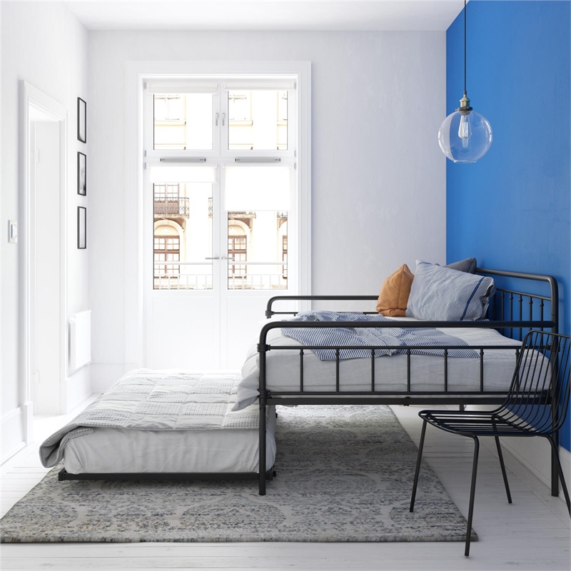 Pemberly Row Contemporary Metal Daybed and Trundle Full Size in Black