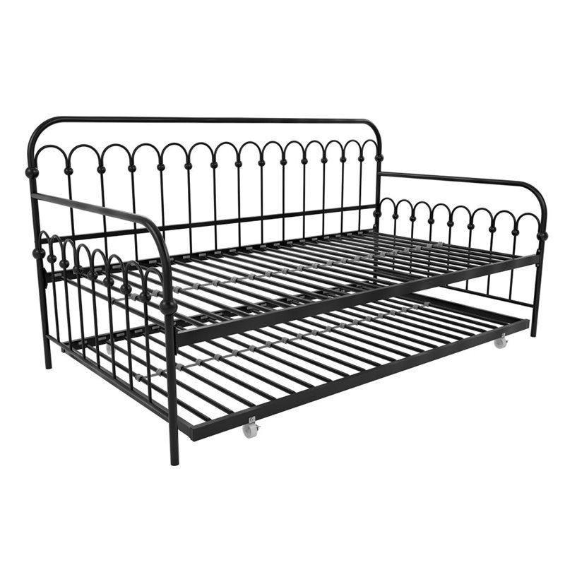 Pemberly Row Metal Twin Daybed with Roll Out Trundle in Black