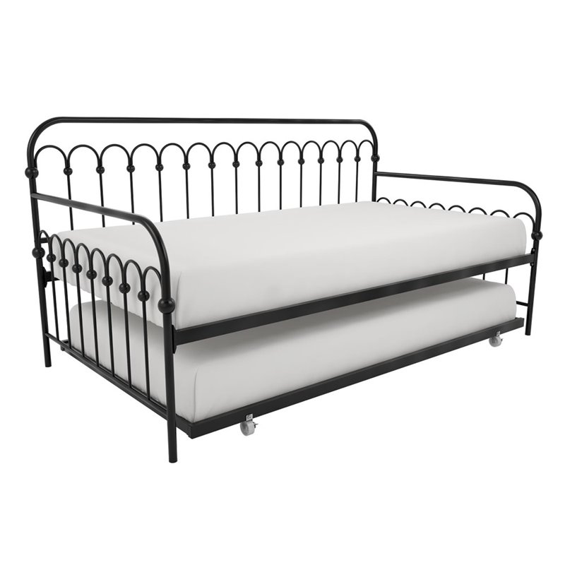 Pemberly Row Metal Twin Daybed with Roll Out Trundle in Black