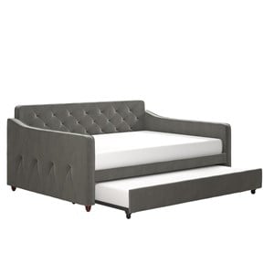 Pemberly Row Vintage Upholstered Full Daybed and Twin Trundle Set in Grey