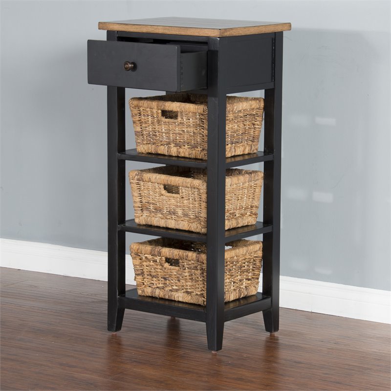 Pemberly Row Farmhouse Wood Storage Rack with Woven Baskets in Black/Natural