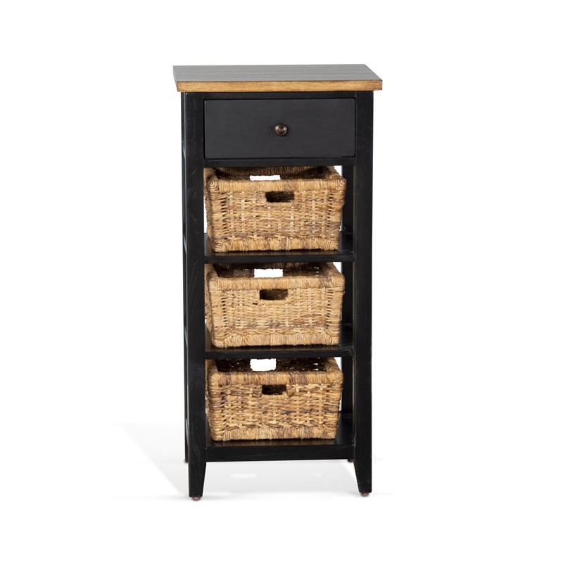 Pemberly Row Farmhouse Wood Storage Rack with Woven Baskets in Black/Natural