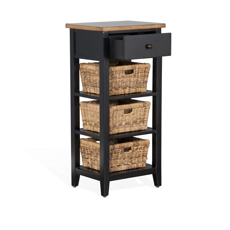 Pemberly Row Farmhouse Wood Storage Rack with Woven Baskets in Black/Natural