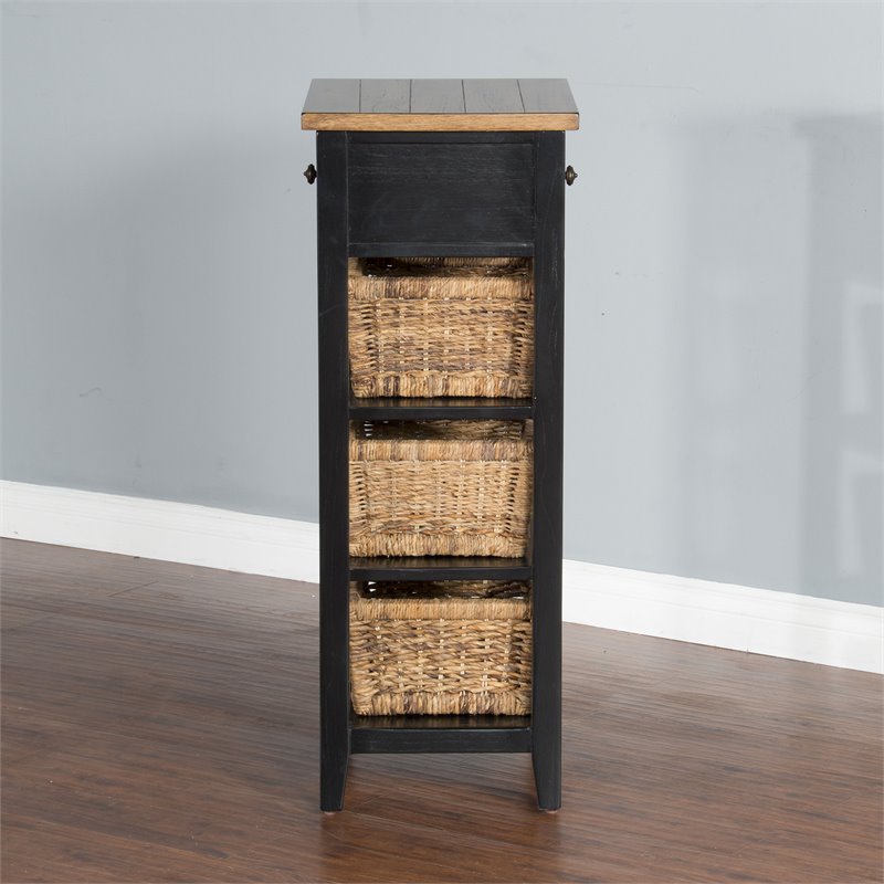 Pemberly Row Farmhouse Wood Storage Rack with Woven Baskets in Black/Natural