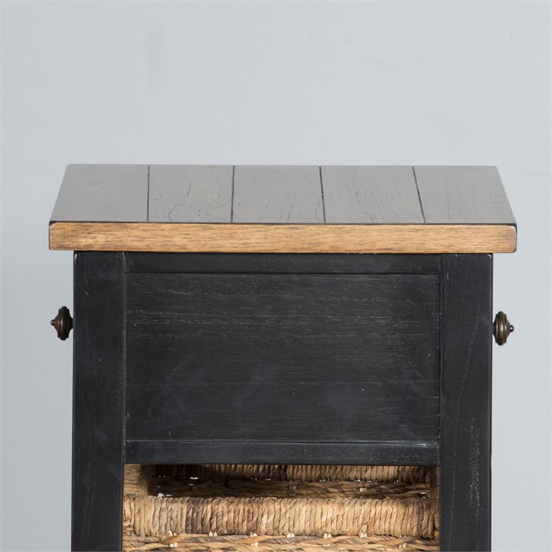Pemberly Row Farmhouse Wood Storage Rack with Woven Baskets in Black/Natural