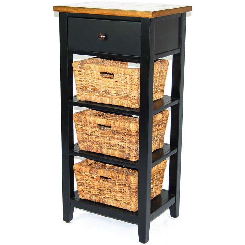 Pemberly Row Farmhouse Wood Storage Rack with Woven Baskets in Black/Natural