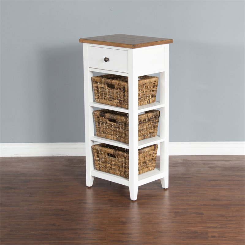 Pemberly Row Farmhouse Wood Storage Rack with Woven Baskets in White/Natural