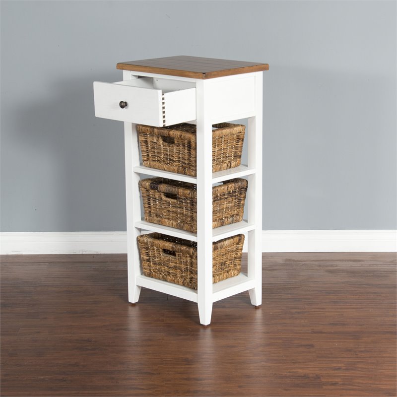 Pemberly Row Farmhouse Wood Storage Rack with Woven Baskets in White/Natural