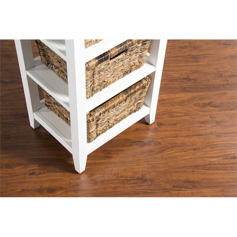 Pemberly Row Farmhouse Wood Storage Rack with Woven Baskets in White/Natural