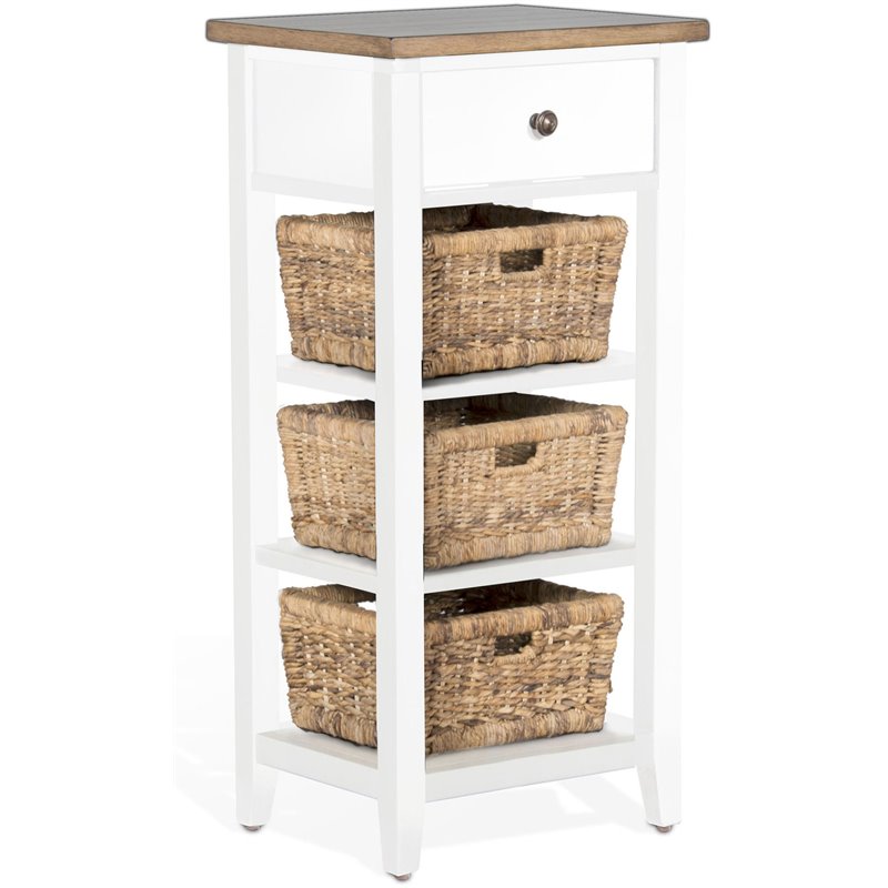Pemberly Row Farmhouse Wood Storage Rack with Woven Baskets in White/Natural