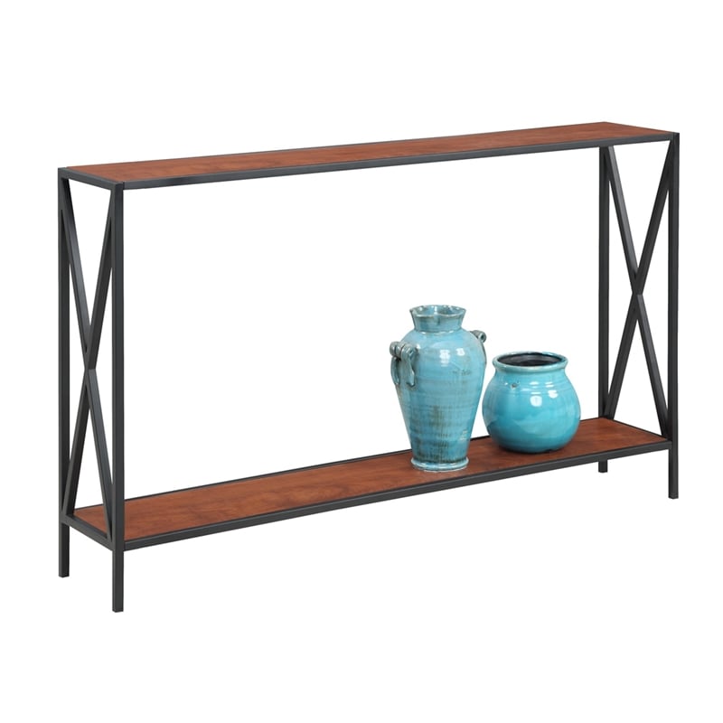 Pemberly Row Industrial Console Table in Black Metal and Cherry Wood Finish