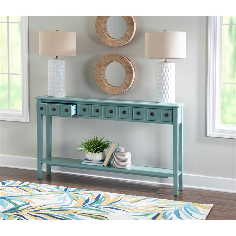 Pemberley Row Wood Teal Blue Console Table Rectangular Slimline 60