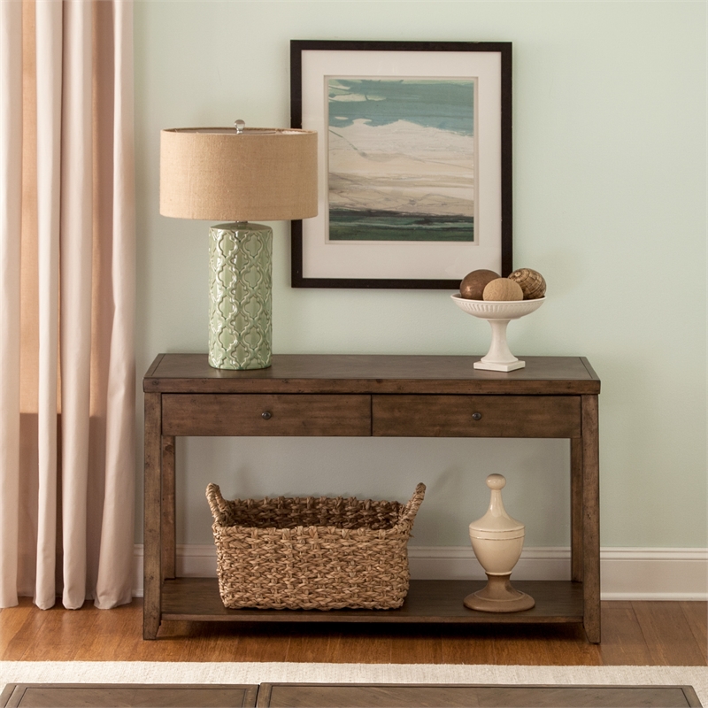 Pemberley Row Wood Brown Sofa Table Rectangular Bottom Shelf for Storage