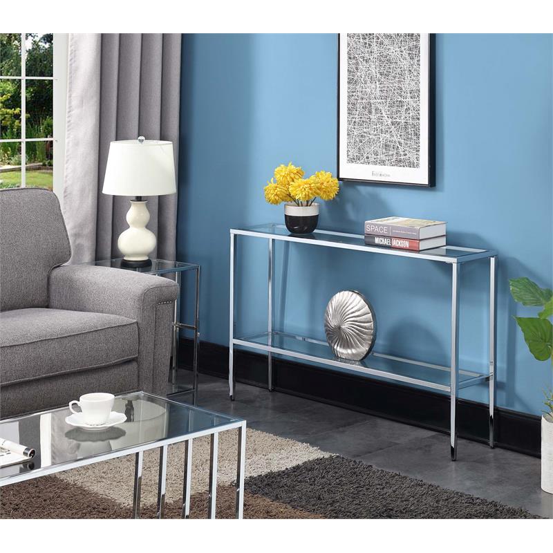 Pemberley Row Chromed Metal Chrome Console Table Rectangular Clear Glass 47.25