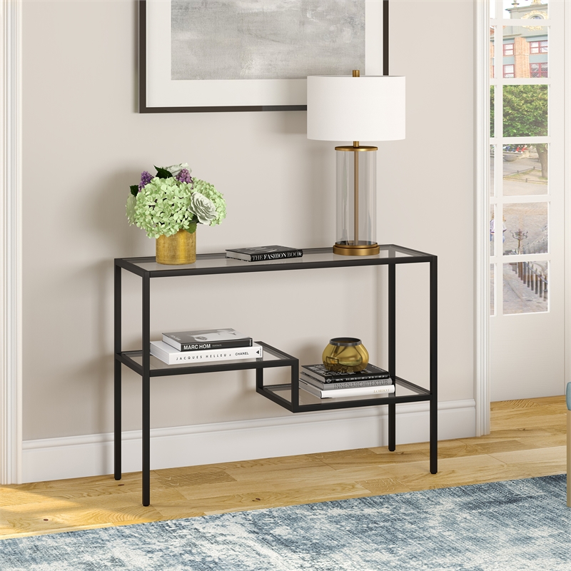 Pemberly Row Traditional Two Tier Metal Console Table in Black and Bronze