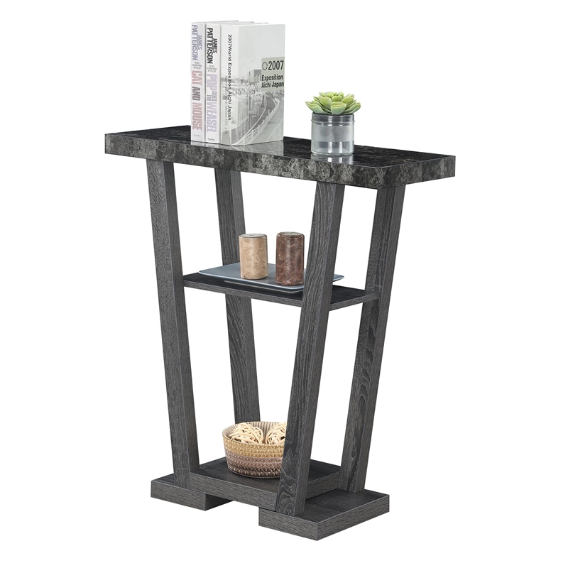 Pemberly Row Contemporary V Console Table in Gray Wood with Faux Marble Top