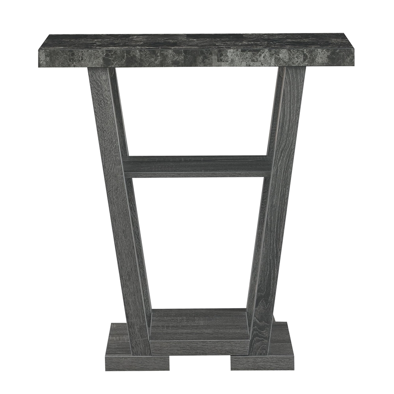 Pemberly Row Contemporary V Console Table in Gray Wood with Faux Marble Top