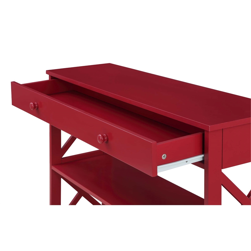 Pemberly Row Transitional One-Drawer Console Table with Shelves in Cranberry Red