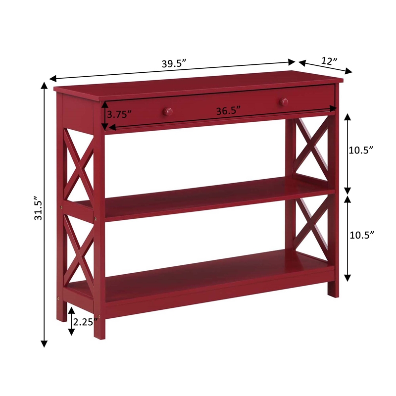 Pemberly Row Transitional One-Drawer Console Table with Shelves in Cranberry Red